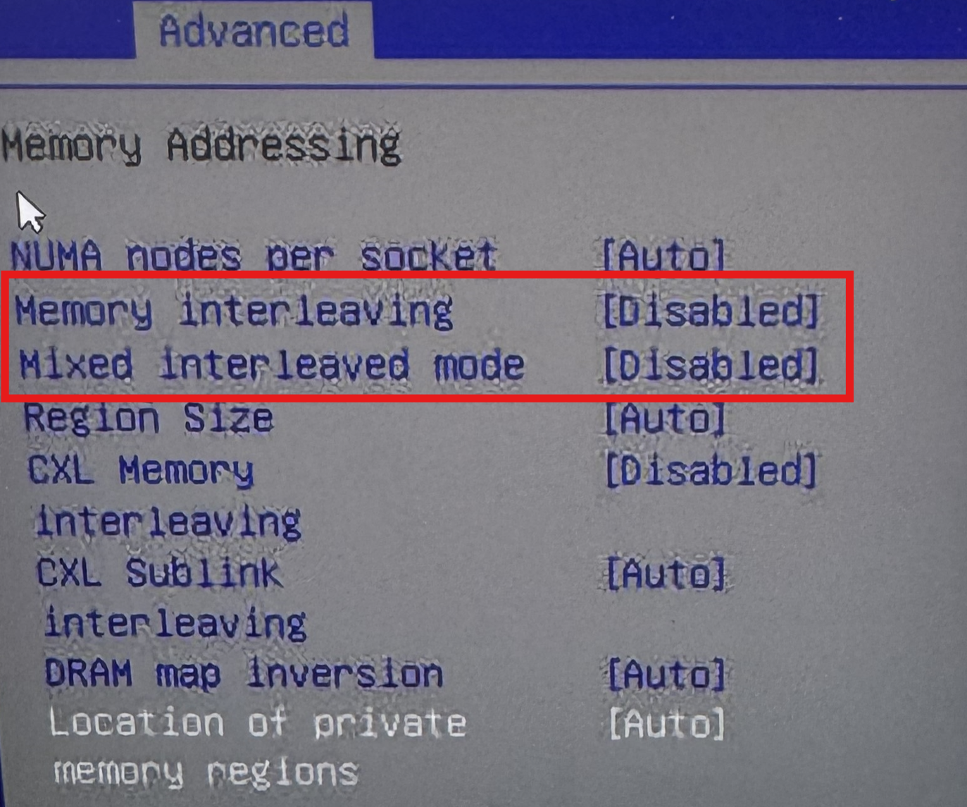 BIOS DIMM configuration example
